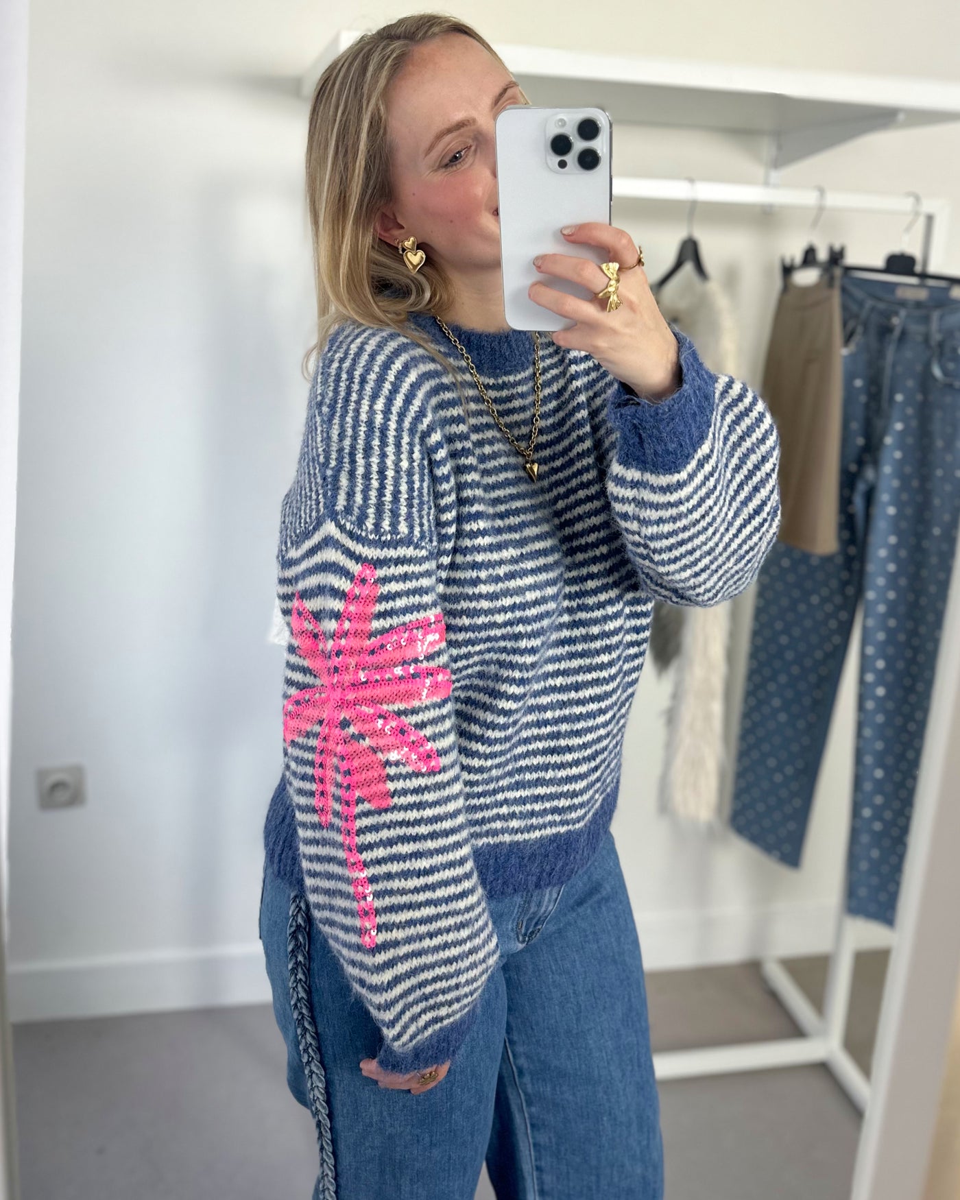 Blue Stripe Knit Pink Accent