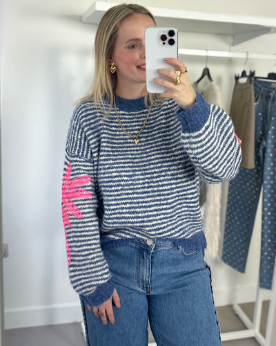 Blue Stripe Knit Pink Accent