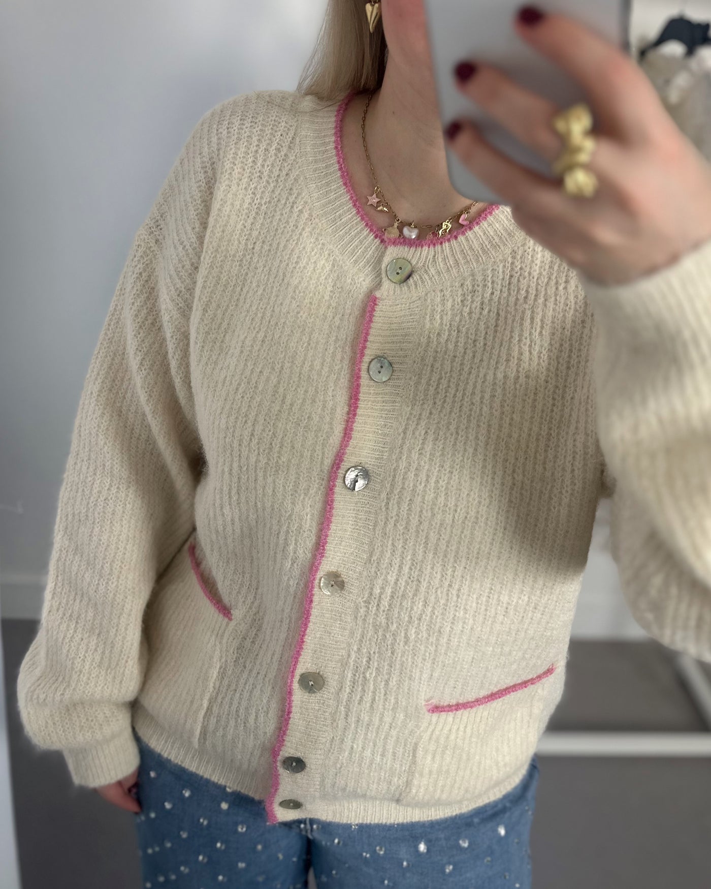 Lola Cardigan Cream Fuchsia