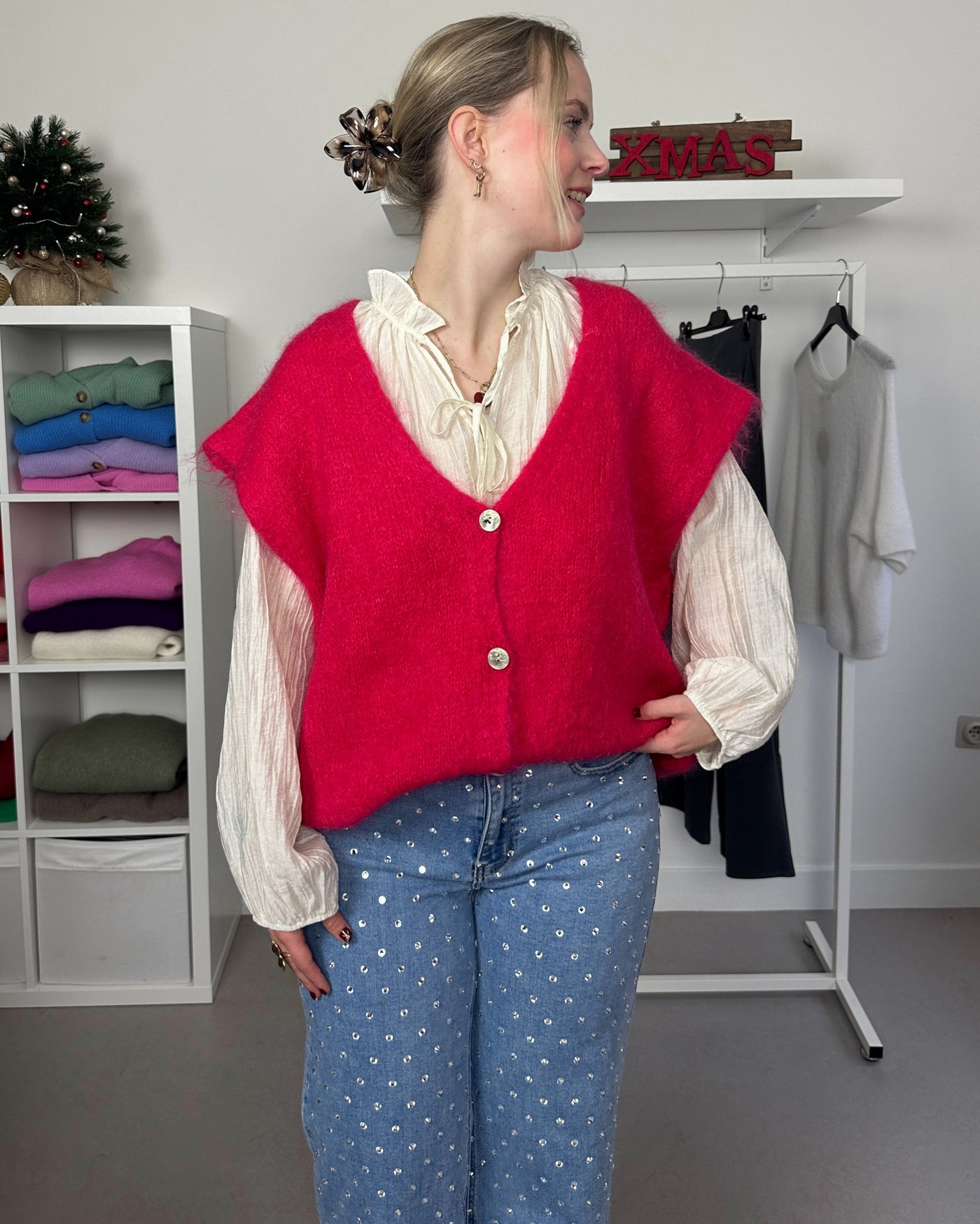 Sleeveless Cardigan Coral Red