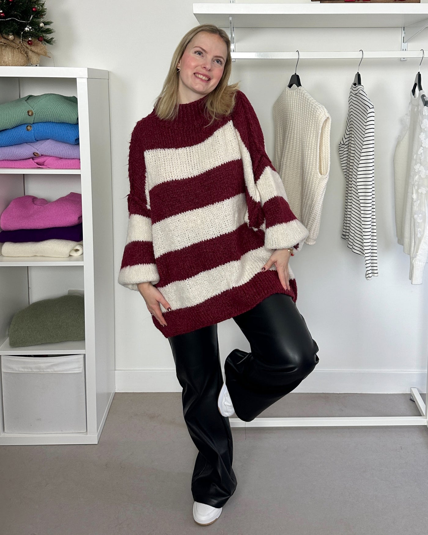 Oversized Striped Knit Bordeaux White