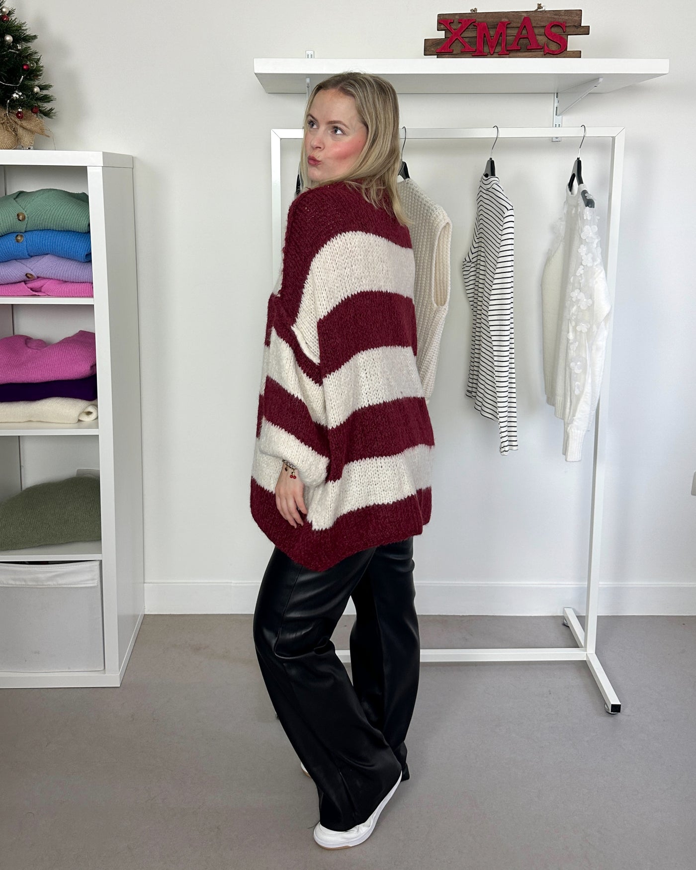 Oversized Striped Knit Bordeaux White