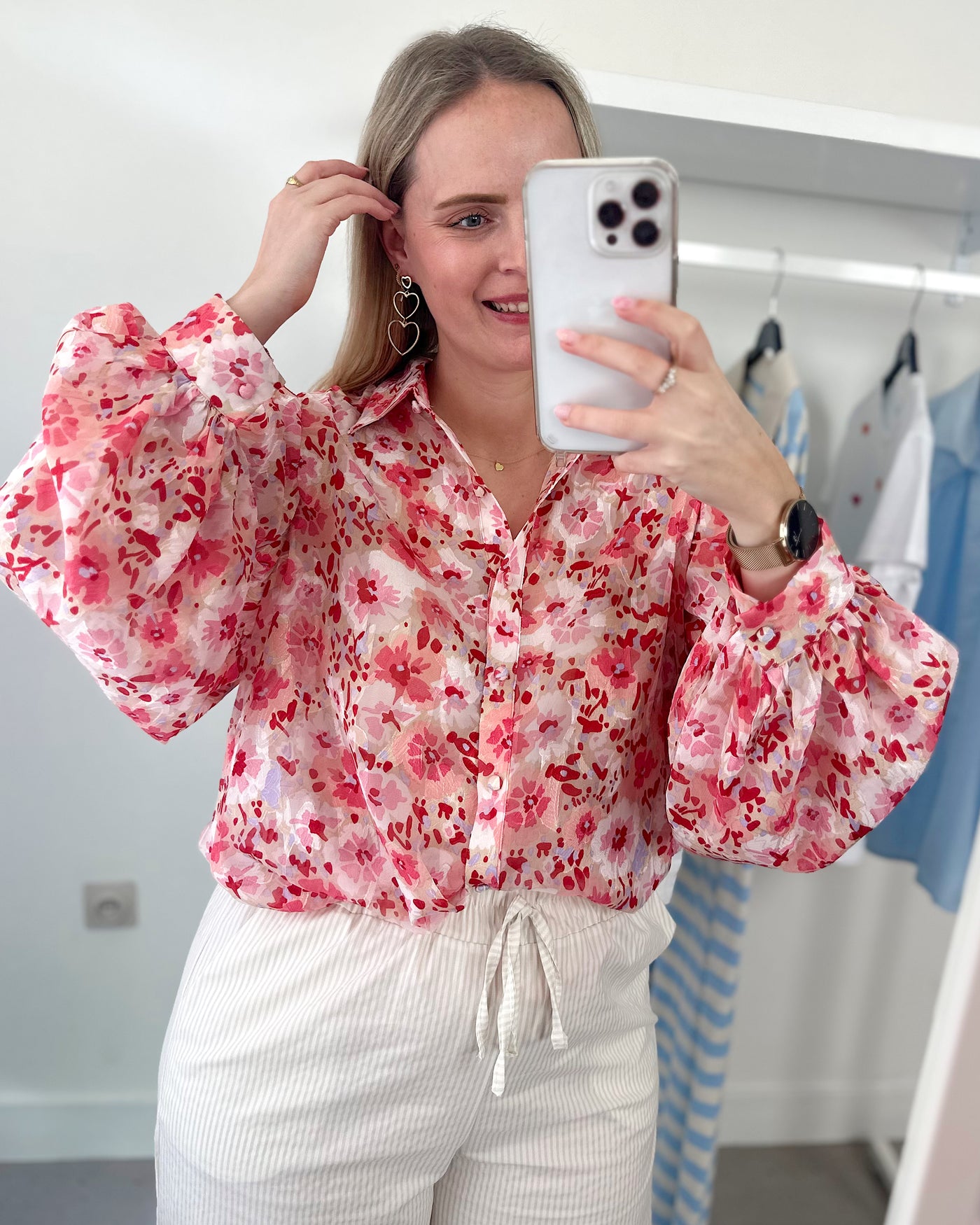 Red Pink Flower Blouse