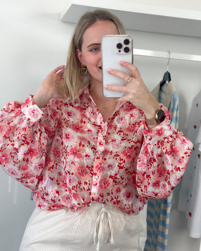 Red Pink Flower Blouse