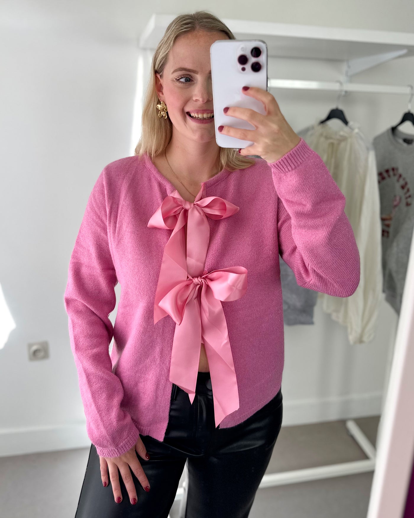 Pink Satin Bow Cardigan